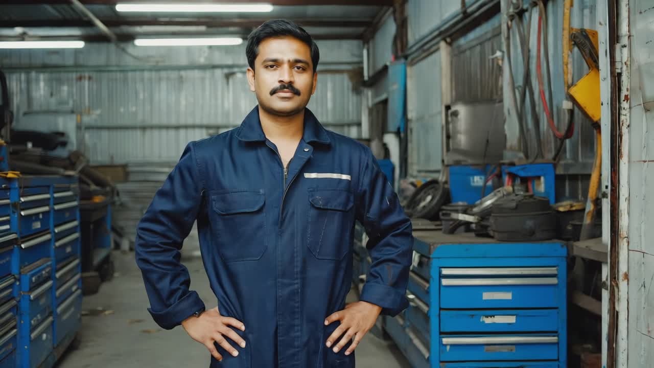 Professional mechanic standing confidently in bustling auto repair shop, radiating expertise and readiness with hands resting on hips, embodying skilled automotive industry professionalism
