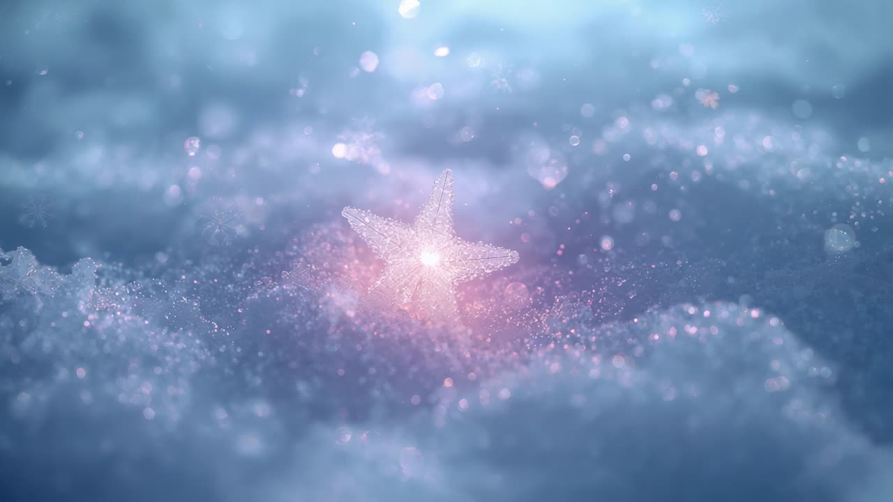 Pulsing star brightening and sending particles drifting outward on sand bed under cool blue light