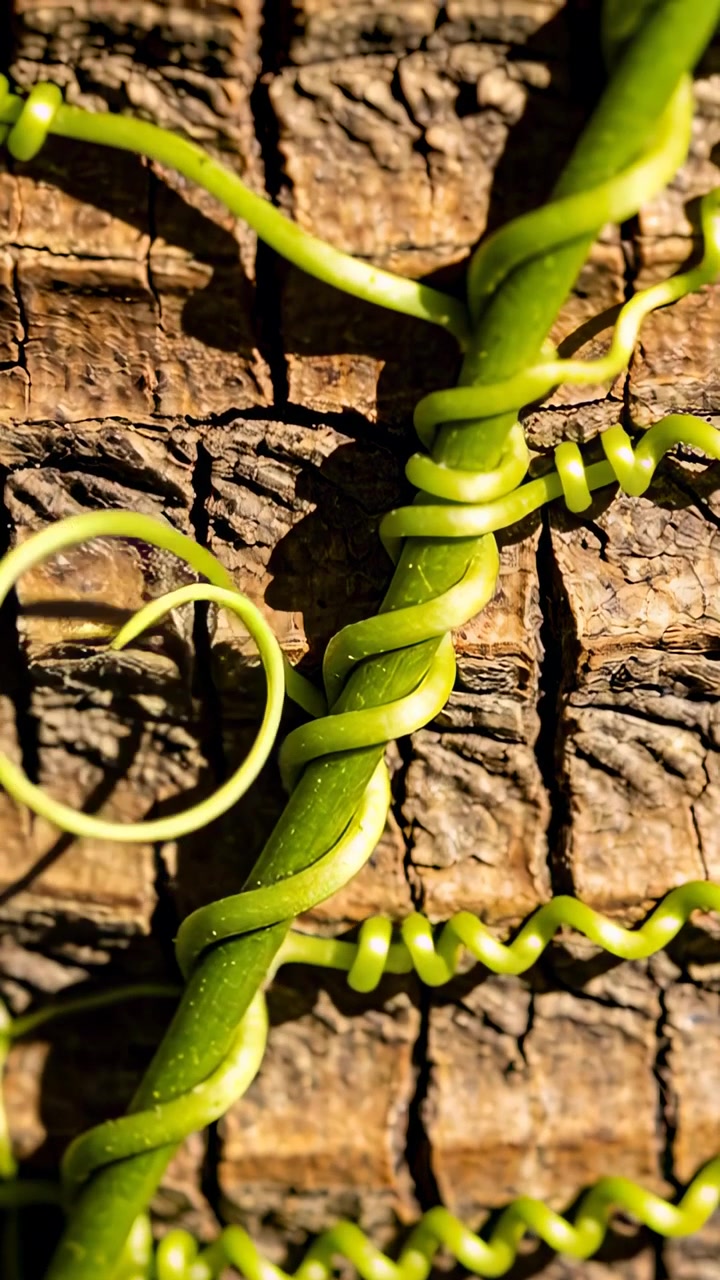 Vertical video: Shifting camera showing green vine forming tendril loop on bark, casting shadows