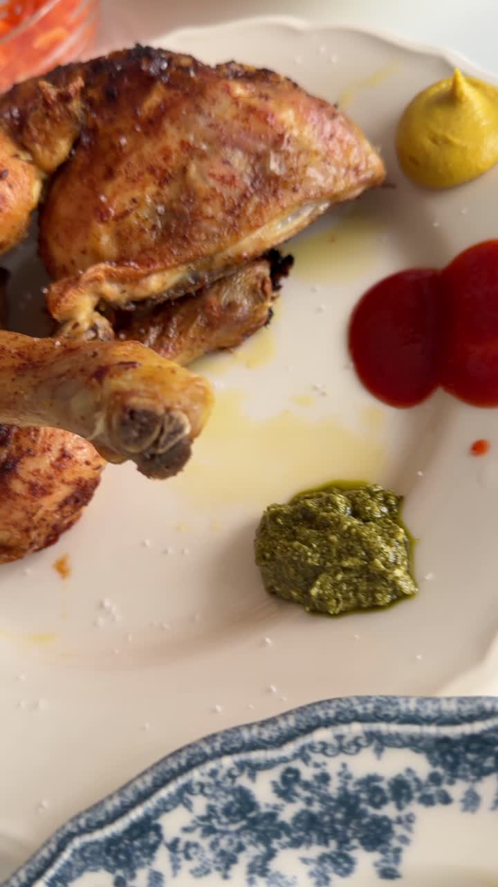 Primo piano di una cena fatta in casa a base di pollo arrosto e verdure.