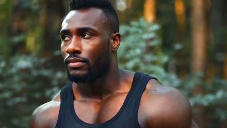 a man in a black tank top standing in the woods