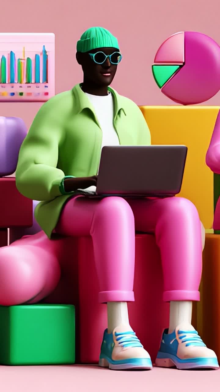 A stylized character engaging with a laptop amidst colorful geometric shapes, showcasing a modern workspace with vibrant aesthetics and playful design elements