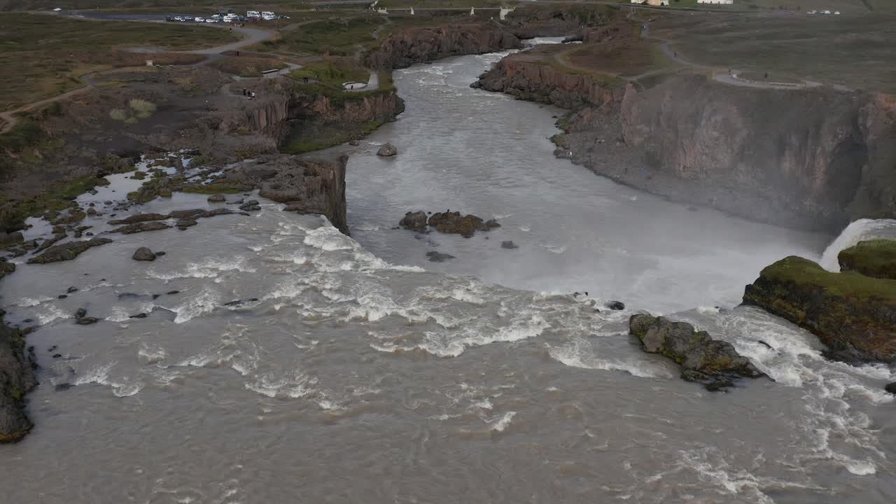 Godafoss waterfall, tourist attraction in Iceland, aerial