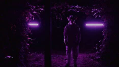 person in animal mask in a dark forest at night