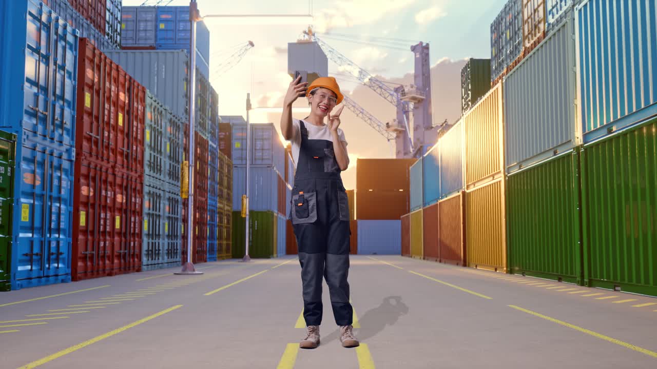 Full Body Of Asian Woman Worker Wearing Goggles And Safety Helmet Using Smartphone Taking Picture While Standing At Container Yard Warehouse