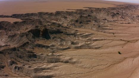 vast arid landscape with eroded formations and cracked earth