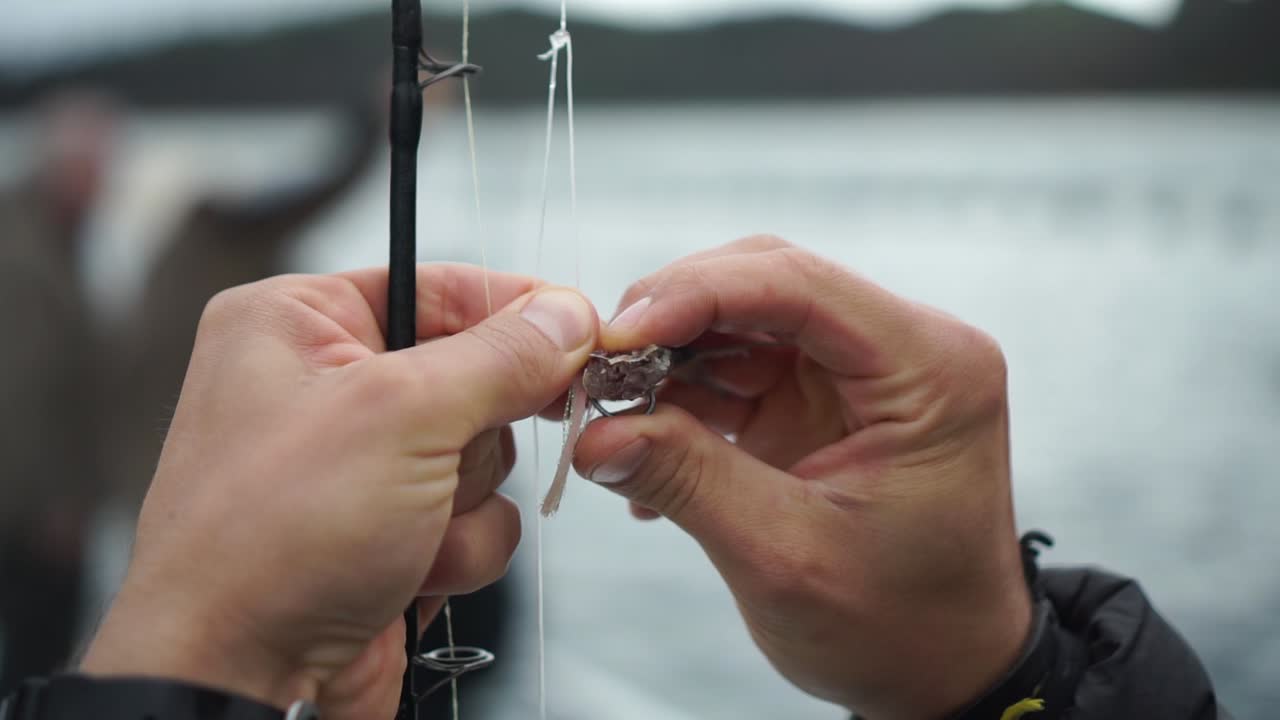 남자는 루어 후크에 미끼 물고기를 넣습니다 - 닫습니다