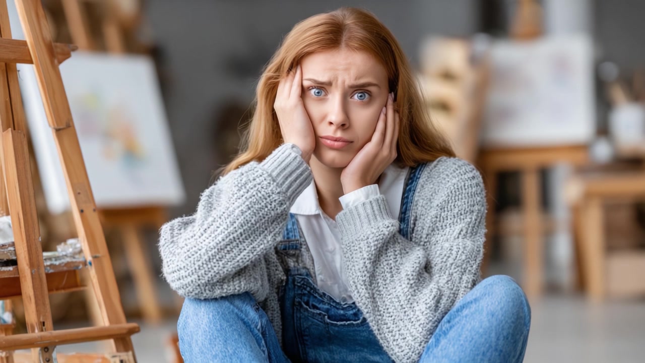 Le difficoltà emotive di un artista: catturare il momento di stress e frustrazione in un ambiente creativo