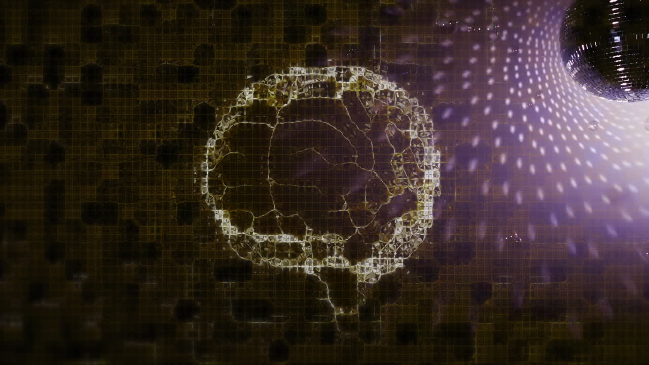Animation of glowing skull pattern with digital grid and light reflections