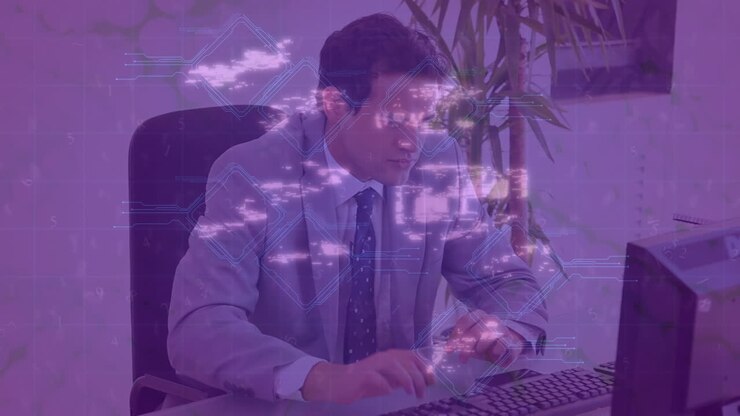 Animation of digital icons over caucasian businessman talking on smartphone and using computer
