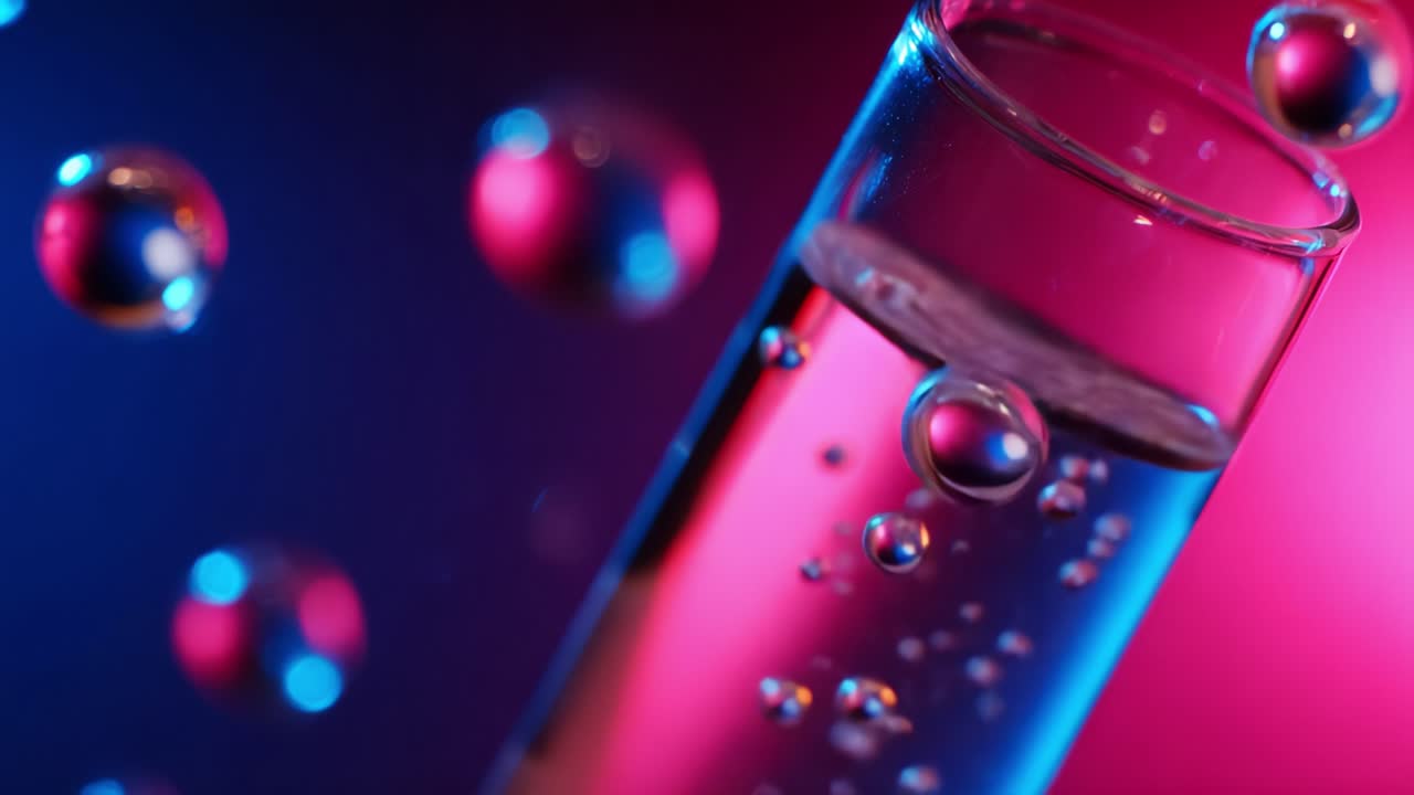 A Stunning Close-Up of Bubbles in a Test Tube Filled with Liquid, Highlighting the Mesmerizing Interaction of Light and Color in an Abstract Background of Deep Blue and Vibrant Pink Hues
