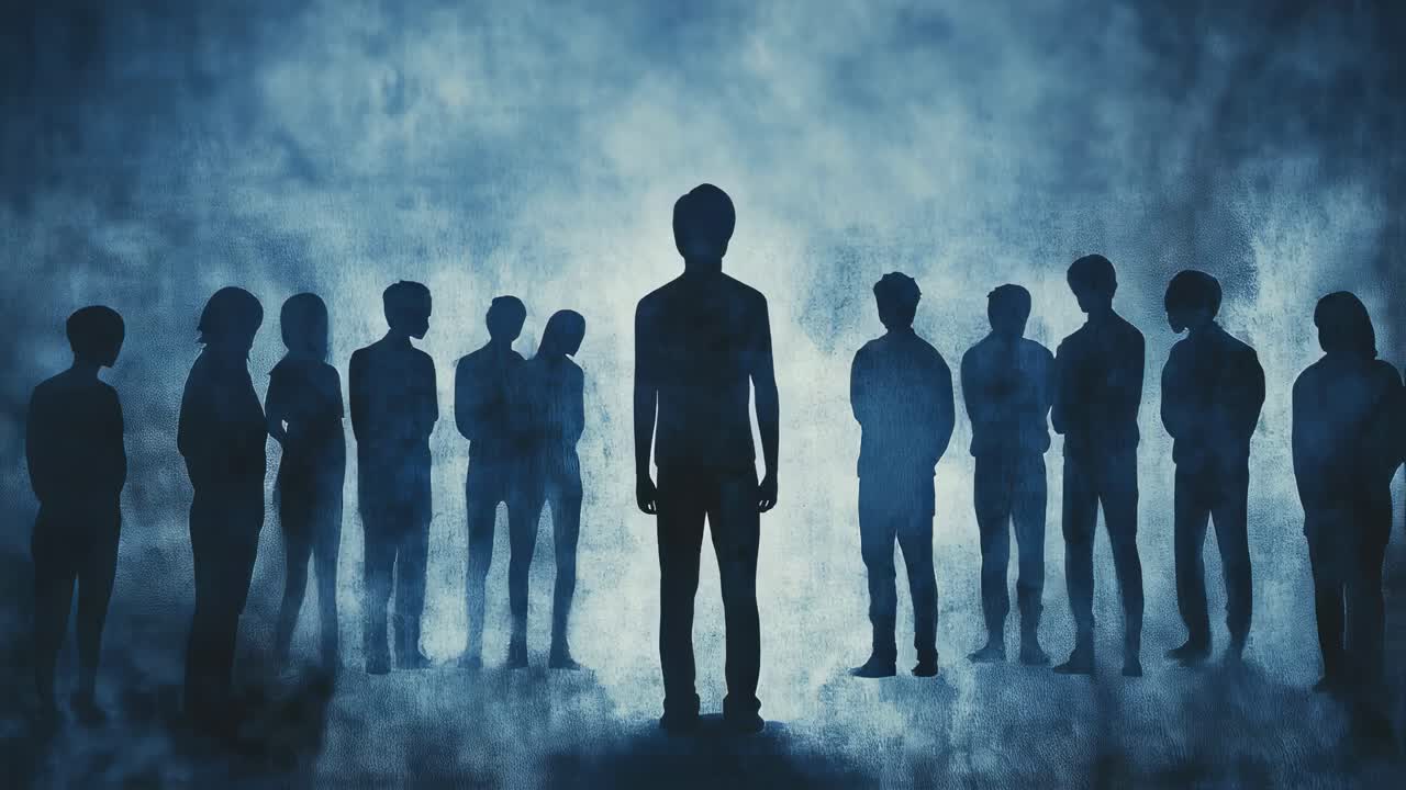 Lone silhouette walking through dense smoky atmosphere, approaching shadowy crowd with enigmatic tension and unspoken confrontation brewing in dark background