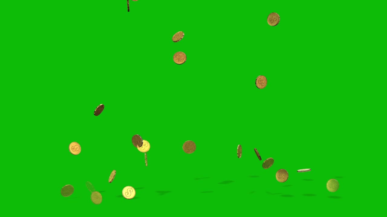 Glowing gold coins falling on green screen from the top of the frame and bouncing with shadows, 3D animation