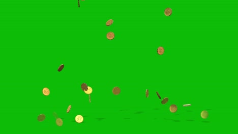 glowing gold coins falling on green screen from the top of the frame and bouncing with shadows, 3d animation