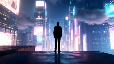 silhouette overlooking a neon-lit futuristic city at night