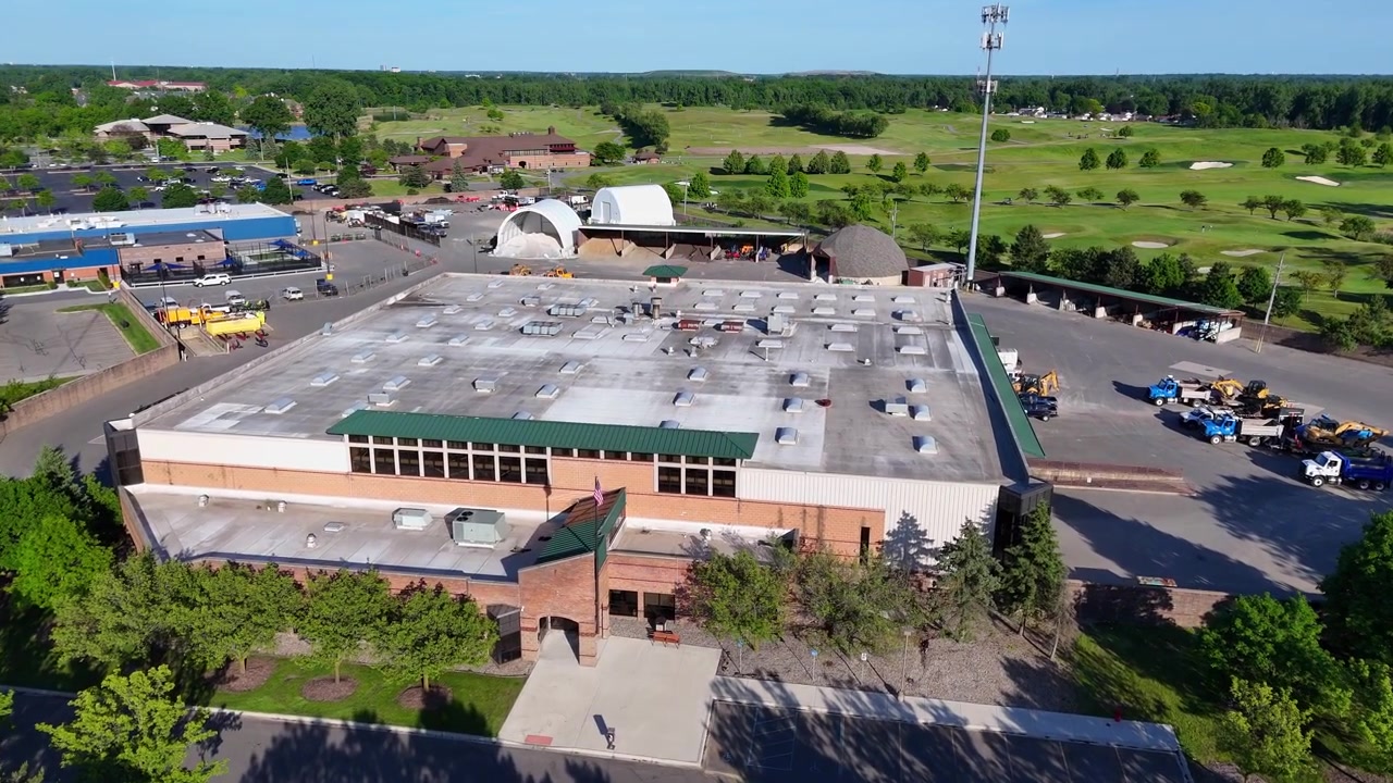 Aerial orbiting view of the Taylor Public Works Department building in Michigan, USA