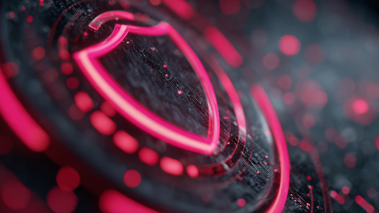 A Close-Up View of a Digital Shield Emblem with Neon Red Highlights and Particle Effects, Representing Cybersecurity and Protection Concepts