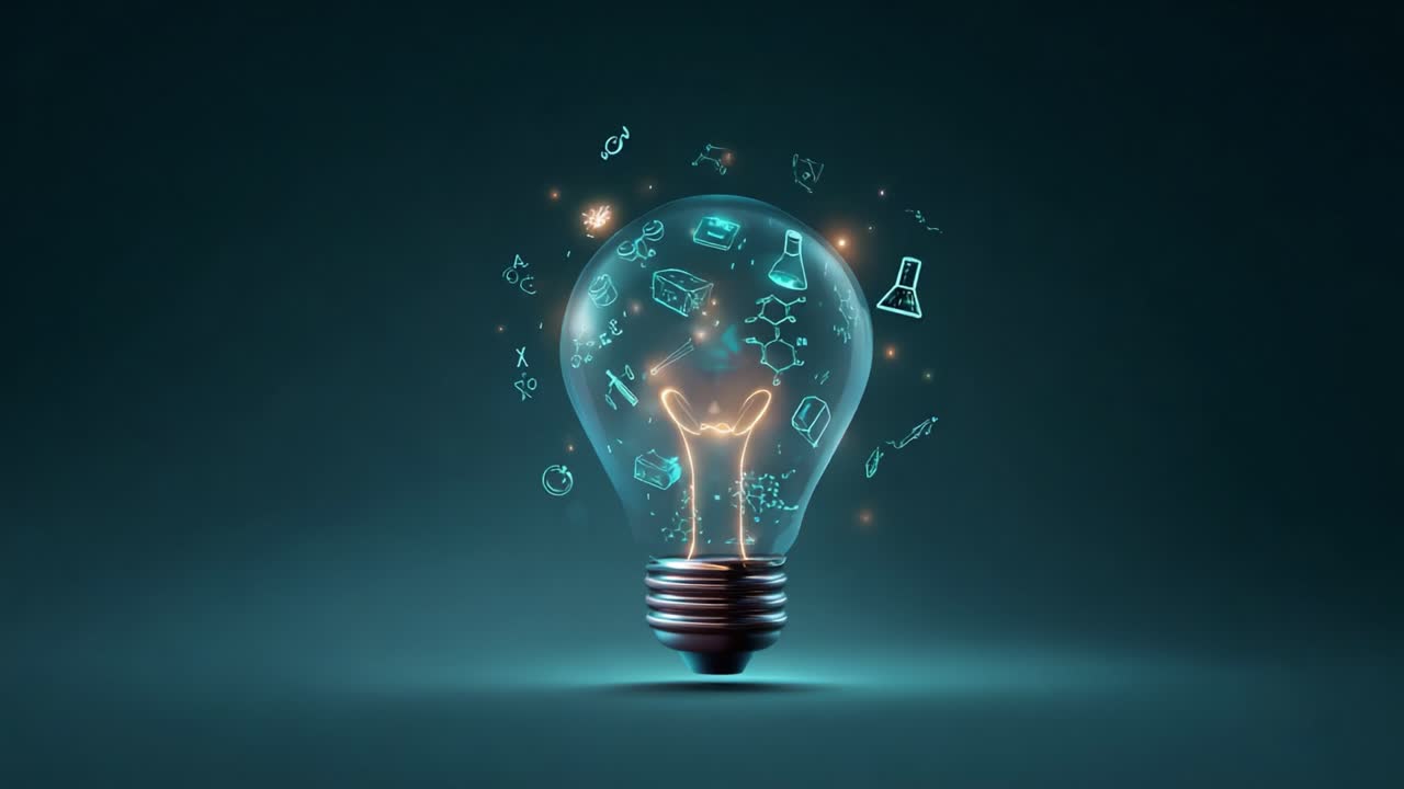 A glowing light bulb surrounded by animated icons of science and innovation, representing ideas and creativity in a vibrant and imaginative setting
