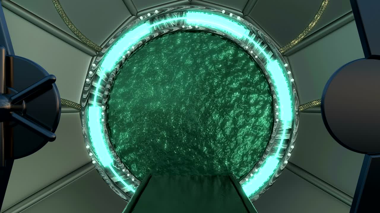 железный люк открывает панорамный вид на пейзажную сцену космического корабля. 3d абстрактный фон научно-фантастического коридора с порталом. футуристическая технология абстрактная vj для технических названий и фона.