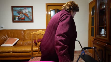 la abuela se levanta con el caminante, se dirige a la cocina para mantener un vaso