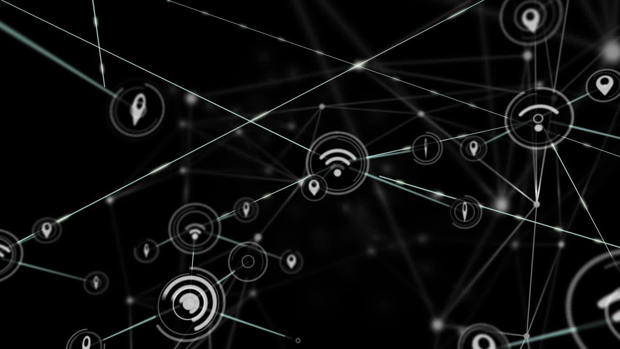 animación de la red de conexiones e iconos digitales contra un fondo negro