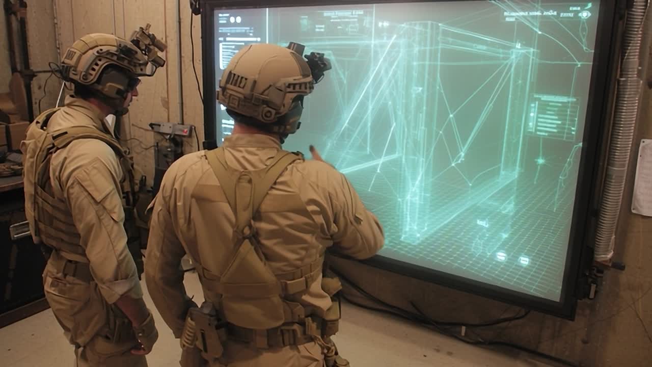 Military personnel interact with advanced technology in training center