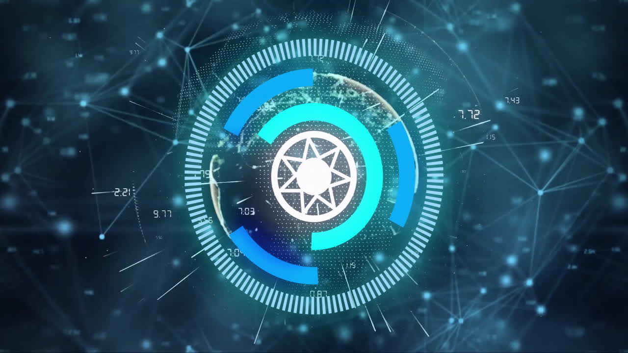 conexiones de red digital y procesamiento de datos sobre animación de la tierra giratoria