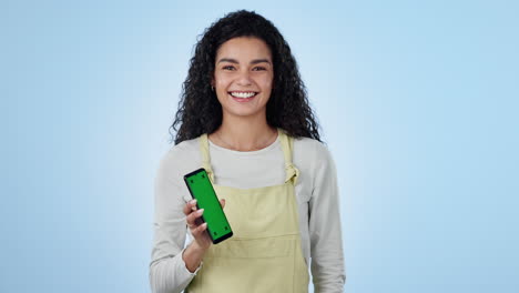 Woman,-phone-green-screen-and-thumbs-up