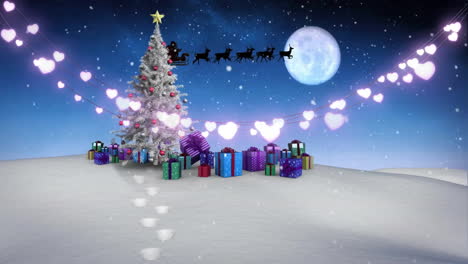 animación de luces, nieve en cajas de regalos y árbol de navidad decorado, santa montando trineo