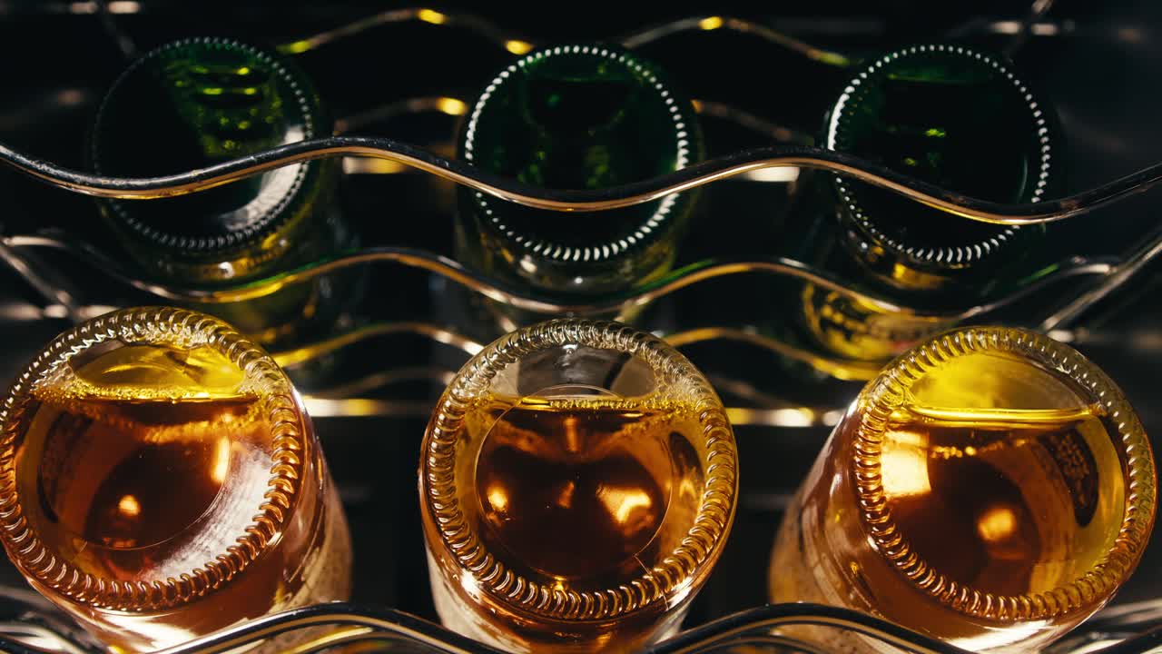 Row of beer bottles in fridge, shop or hotel, cold lager craft german beer or cider, shop supermarket or wine cooler close up.