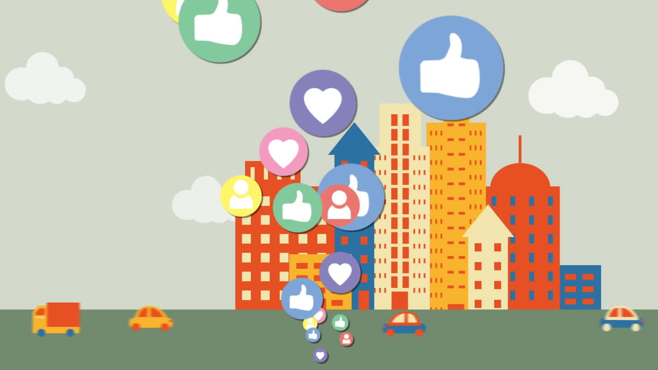 многочисленные цифровые значки, плавающие над транспортными средствами на дороге против высоких зданий