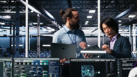 team of engineers doing brainstorming in server room using ai