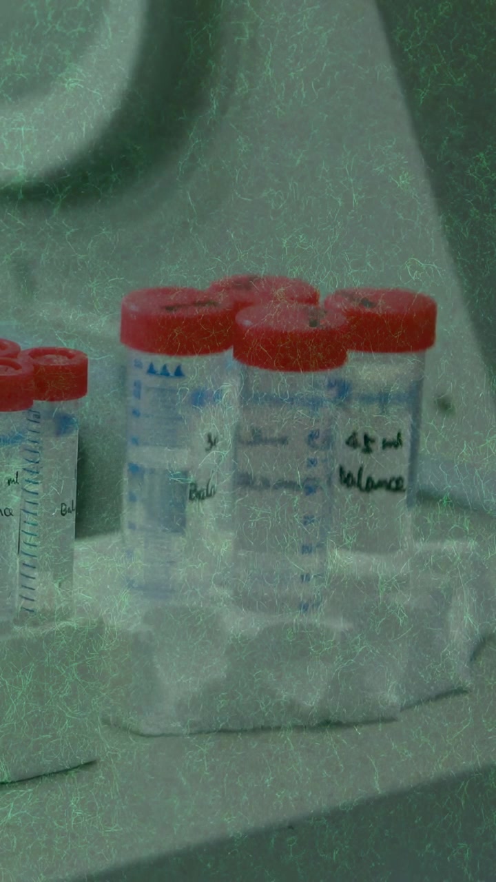 Vertical video: Lab hand entering, nudging red-capped centrifuge tubes, steadying cluster on towel
