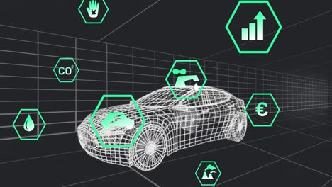 animación de múltiples iconos digitales sobre un modelo de coche 3d que se mueve en un patrón sin costuras sobre un fondo negro