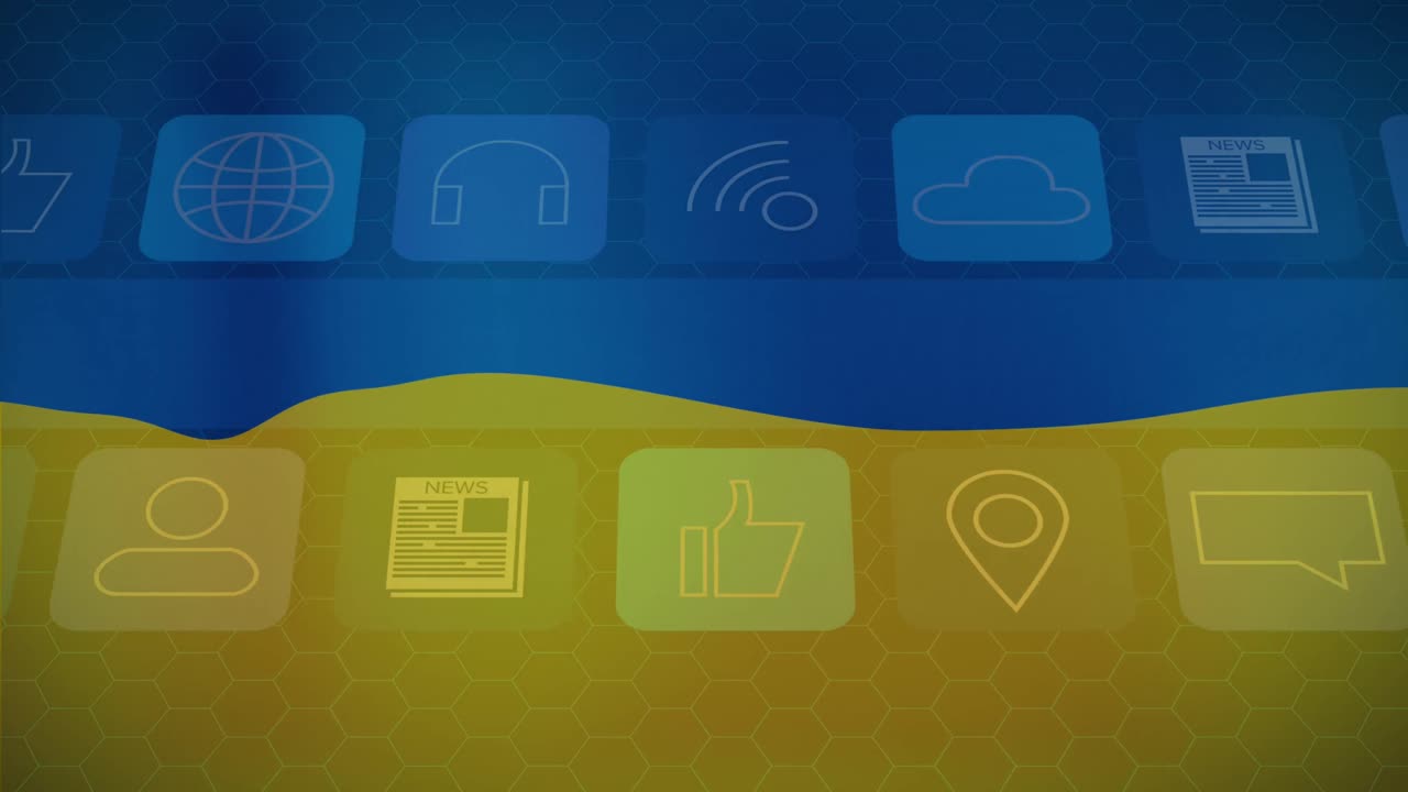 Animation of media icons over flag of ukraine