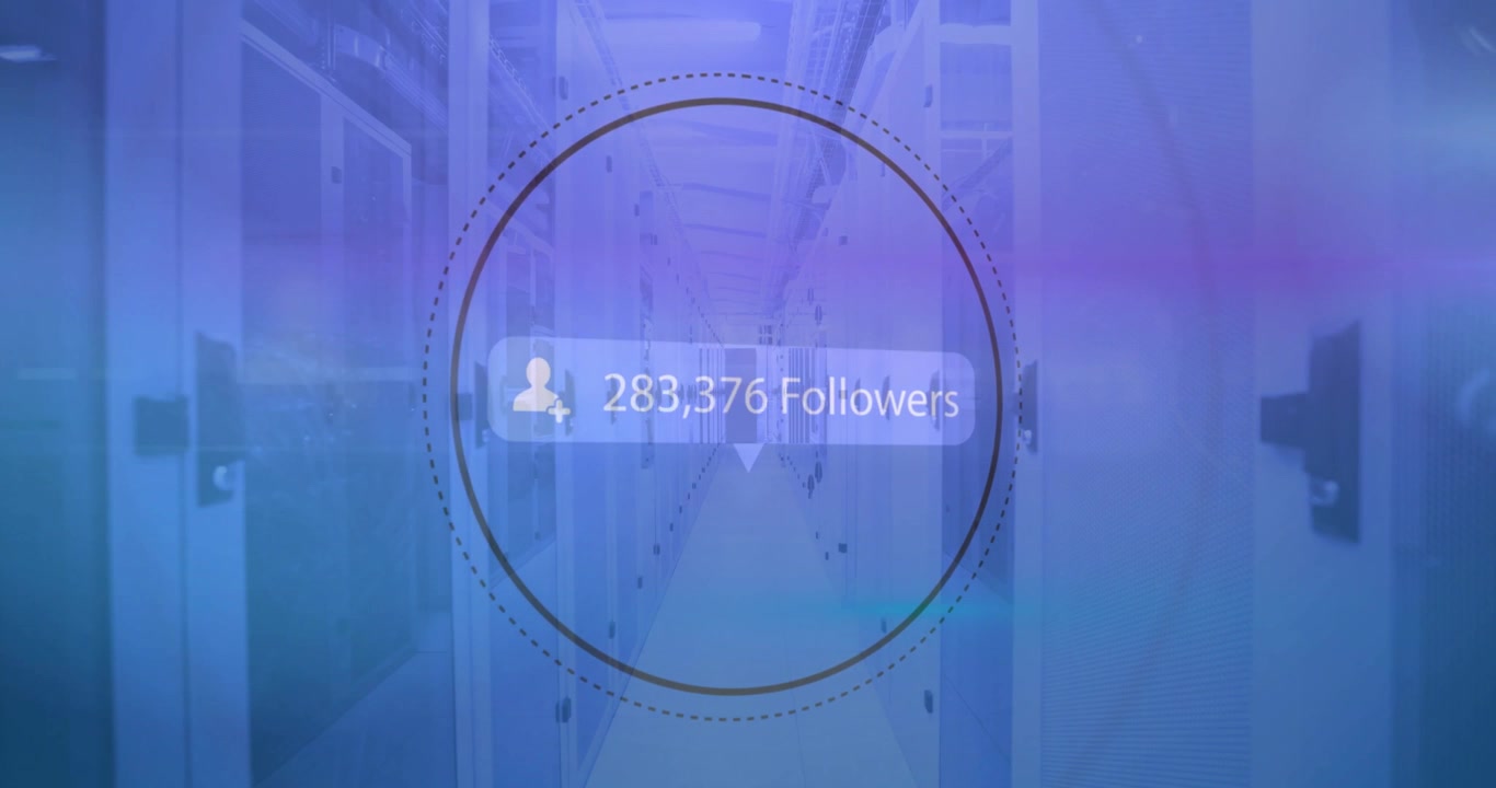 Animation of followers text and data processing over computer servers
