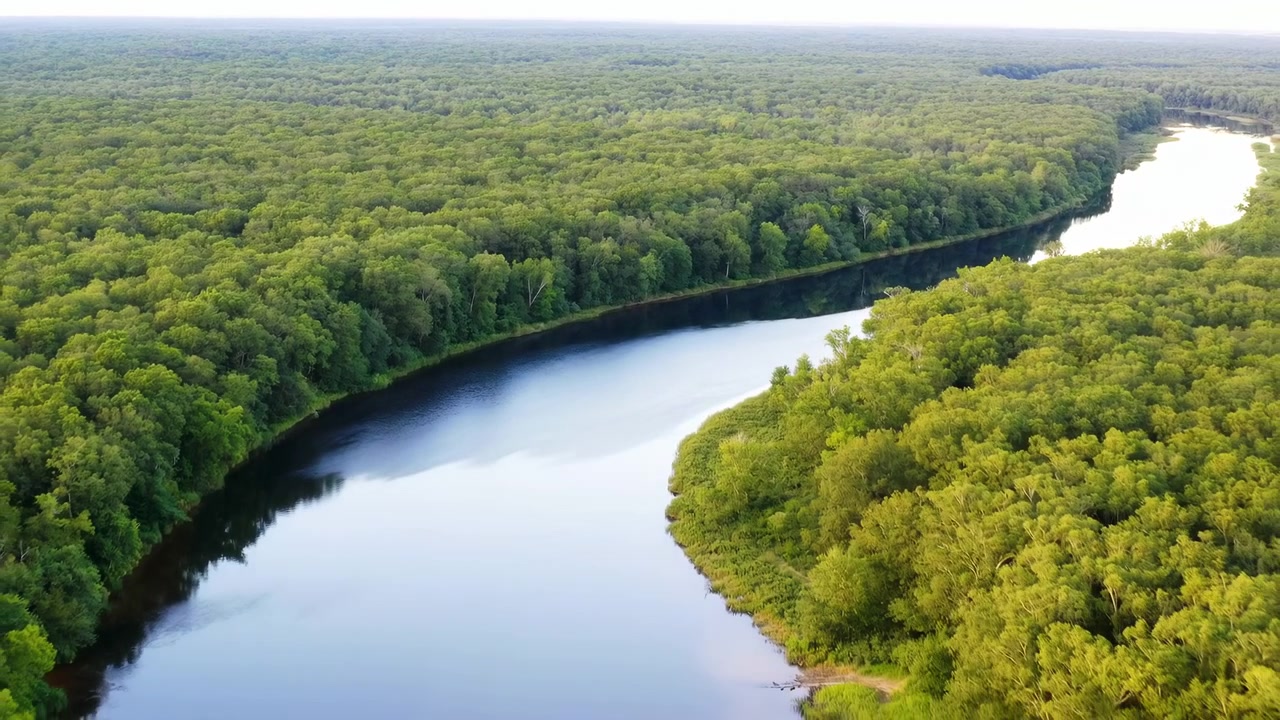 Smooth aerial movement follows a broad river bend between continuous green woodland, with still dark water reflecting pale sky and dense tree canopy stretching toward hazy horizon.