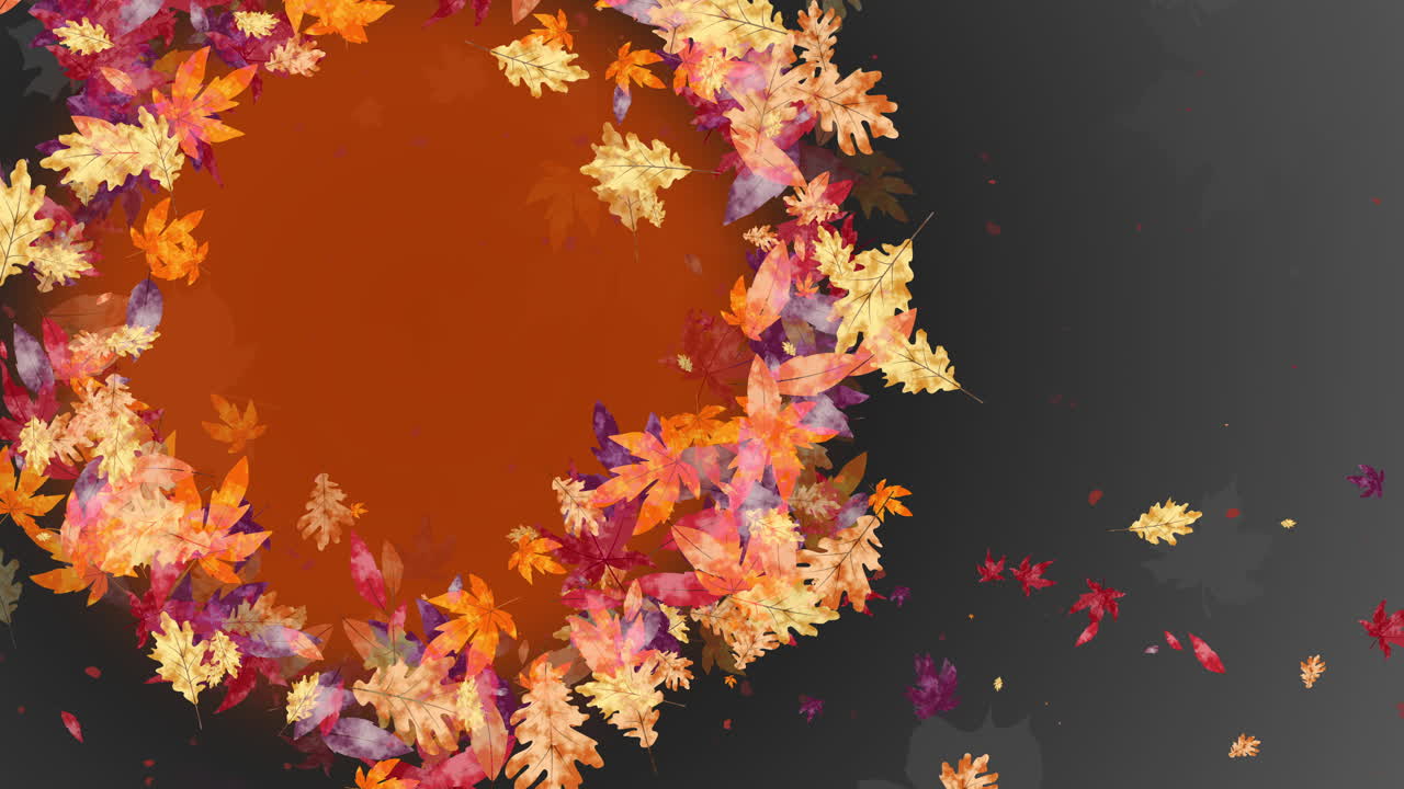 Round animated autumn frame of swirling fallen yellow and red oak and maple leaves on a gray background. Looped motion graphics.