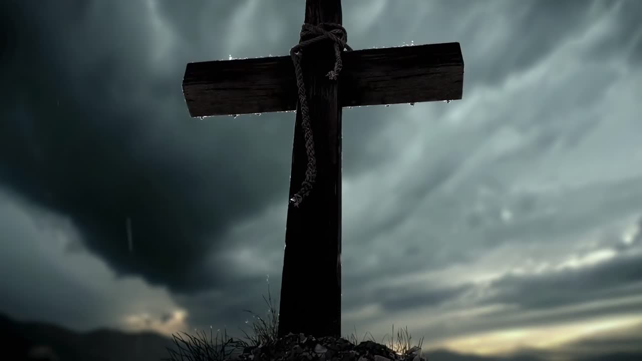 Dramatický záběr z podhledu dřevěného kříže na pozadí bouřkové oblohy, ideální pro ponuré video.