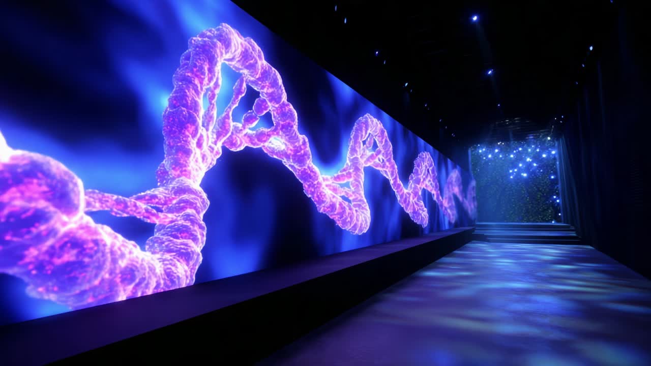 A Captivating Visual Journey Through the Helical Structures of DNA, Illuminated by Vibrant Lights and Modern Design, Showcasing the Intricacies of Genetic Information in a Stunning Artistic Presentation