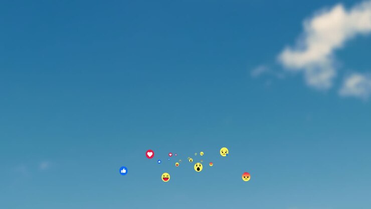 Social media reaction emojis floating across clear blue sky, showing vibrant flat design style