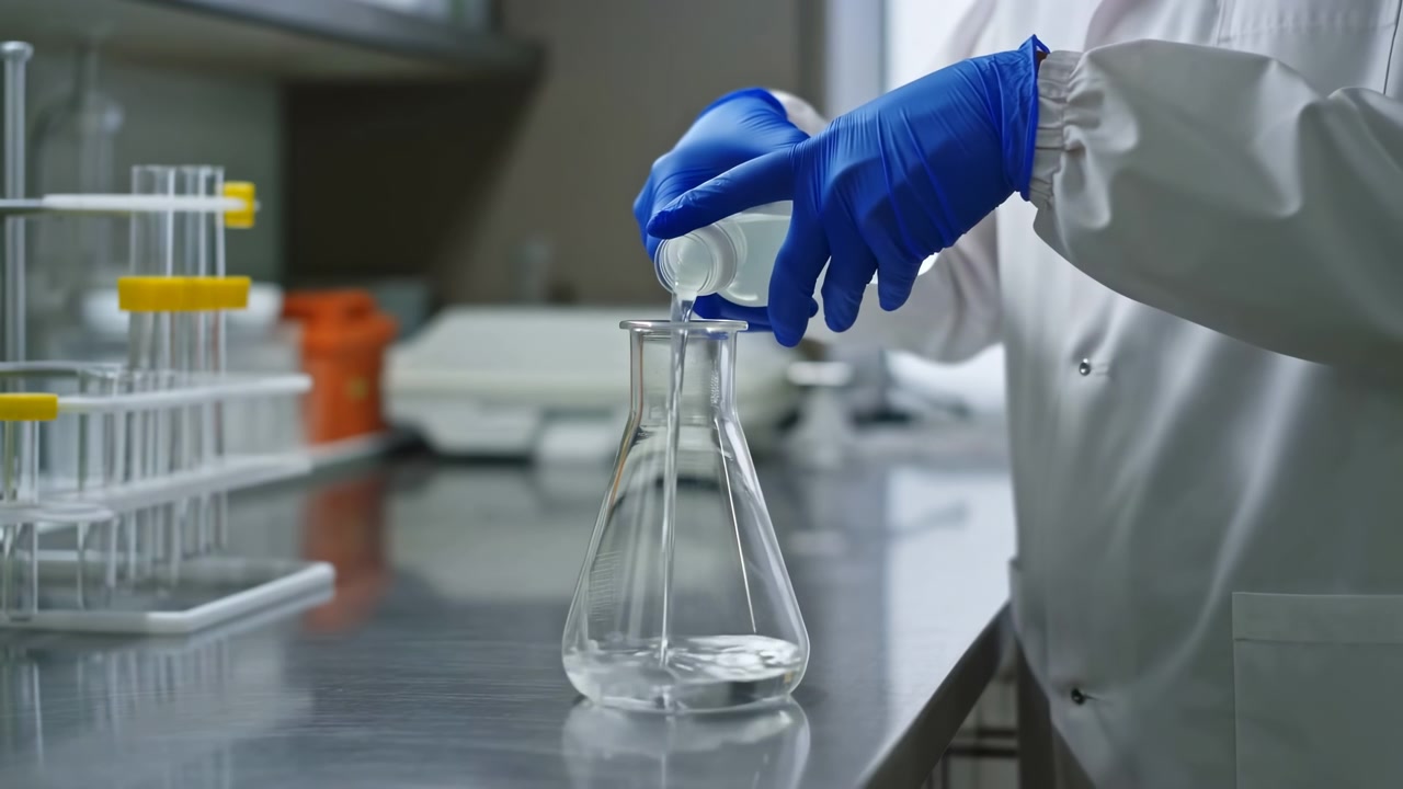 Mani guantate versano liquido in una beuta in un laboratorio sterile, tecnico di laboratorio in camice bianco trasferisce reagente.