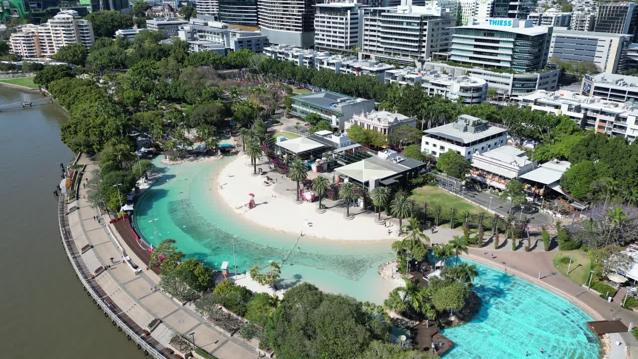 Drone shot of Brisbane City's South Bank Beach and Parklands