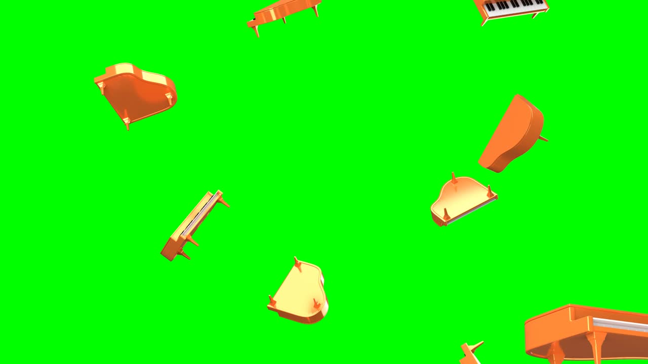 녹색 크로마 키 배경에 오렌지색 피아노가 날고 있습니다.