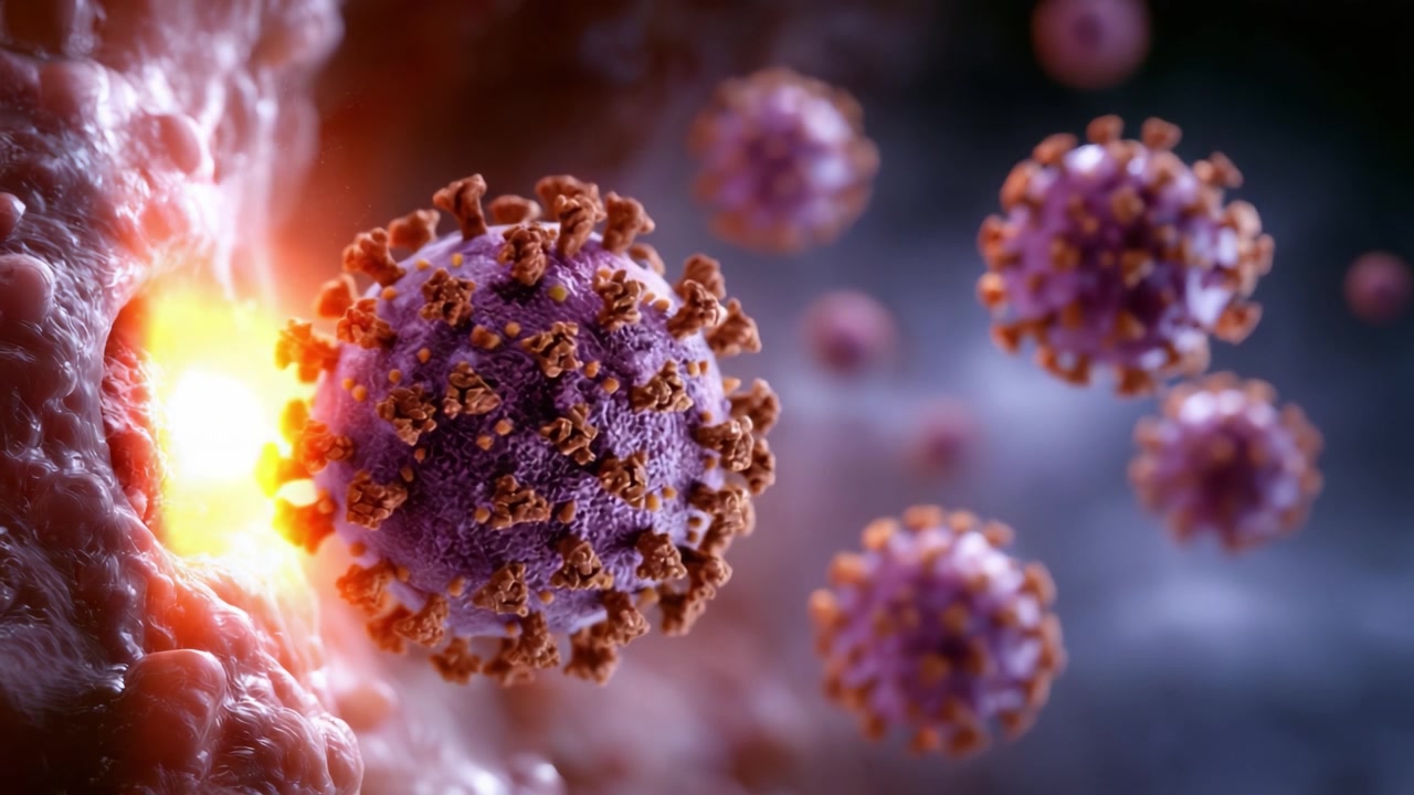 Visualizzazione mozzafiato dell'attività virale: Vista microscopica di virus con strutture biologiche, che mostra infezioni complesse e risposte cellulari