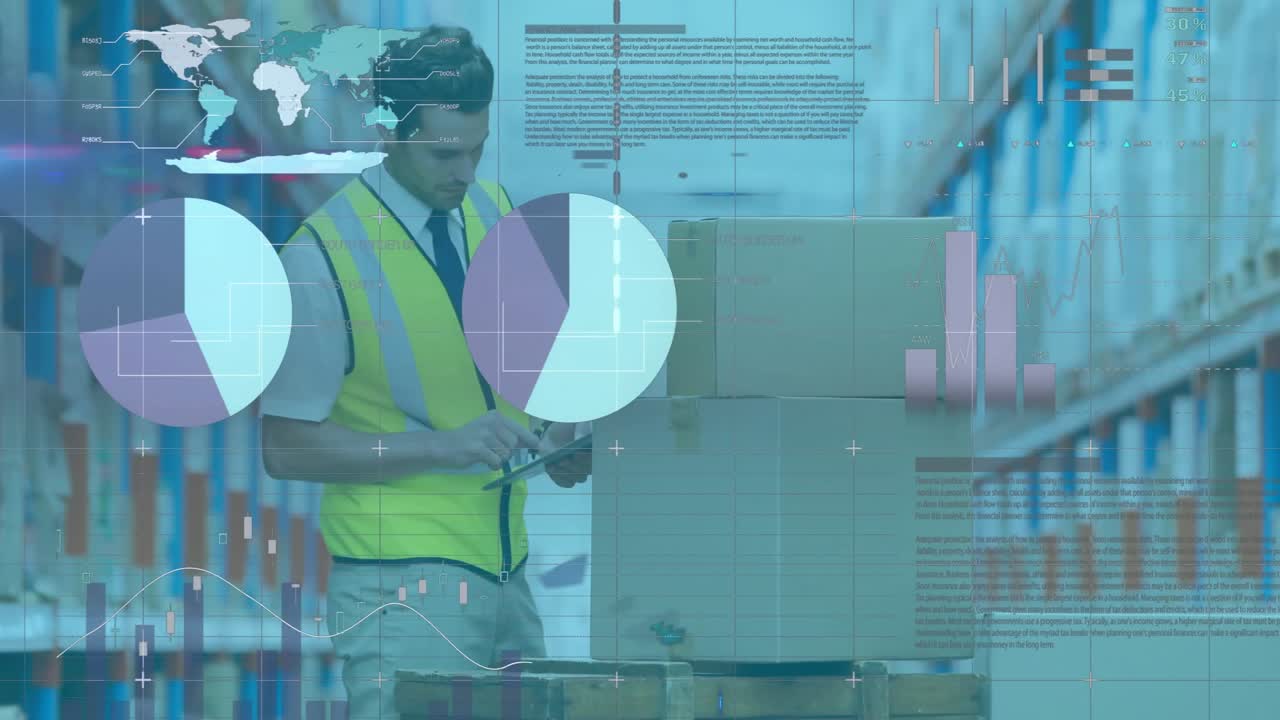 Warehouse worker scanning box barcode and updating digital analytics charts over stacked pallets
