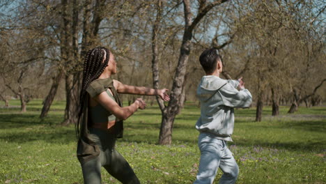 people training in the forest