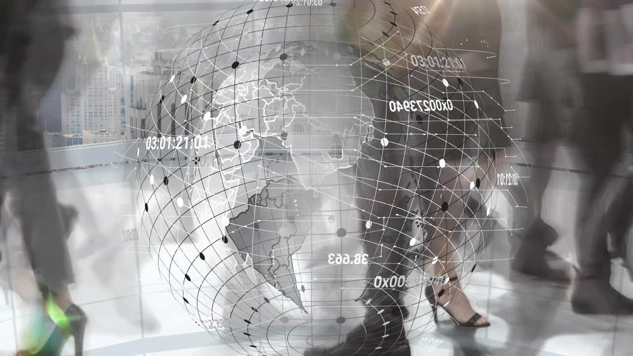 Commuters walking circular floor, hologram appearing among passing feet, showing commerce data