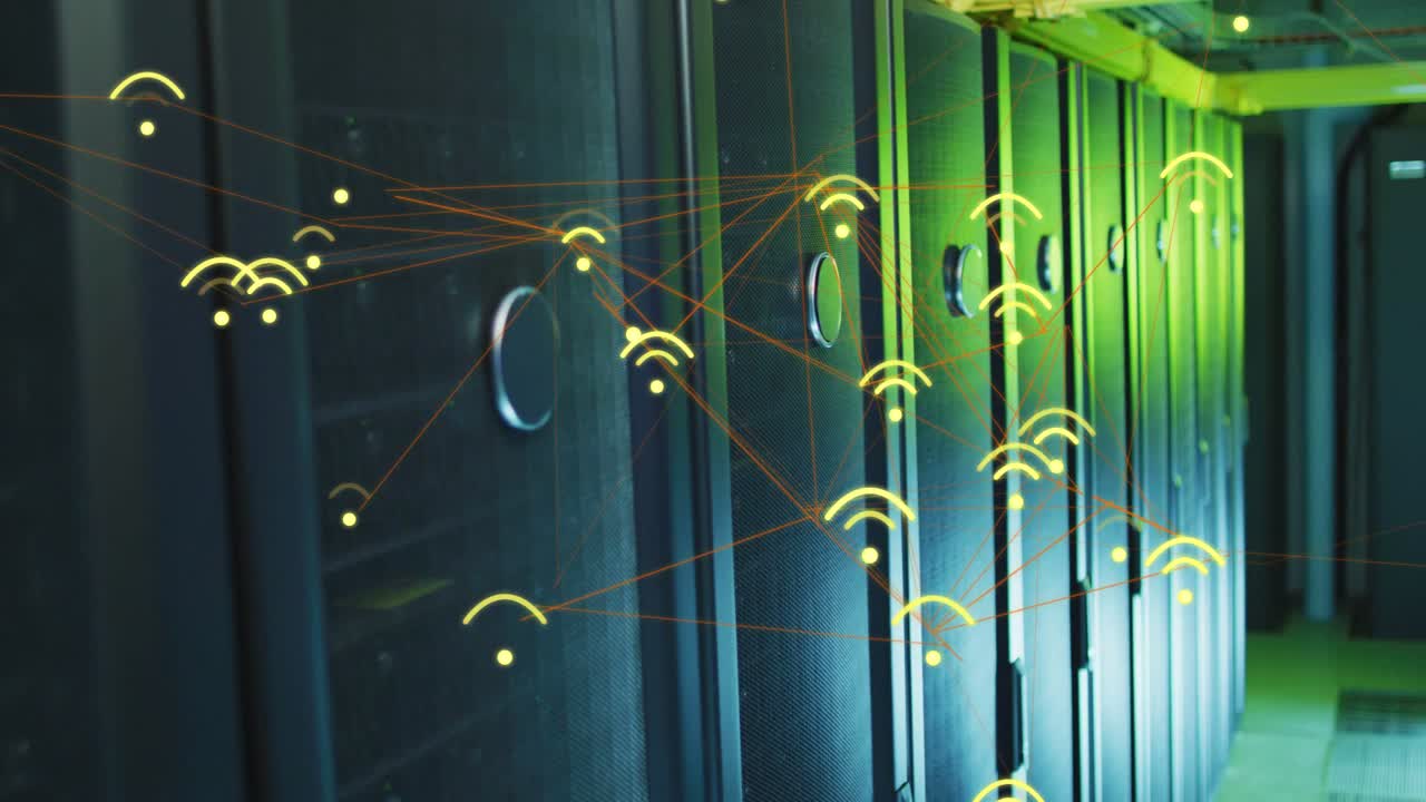 Animated yellow icons appearing on racks, connecting, pulsing, shifting right, showing data flow