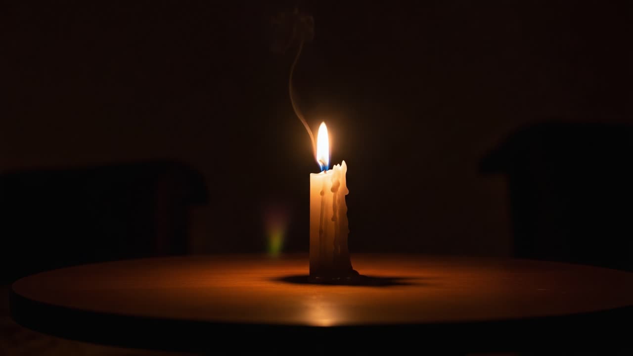 Una candela solitaria tremola dolcemente nel buio, proiettando un bagliore delicato e creando un'atmosfera serena mentre il fumo si disperde nell'aria notturna, un simbolo di speranza e tranquillità.